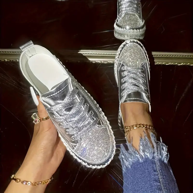 Comfortable Low Top Rhinestone Decor Sneakers - Casual Lace Up Outdoor Shoes for Plus Size Women Lady T Fashions