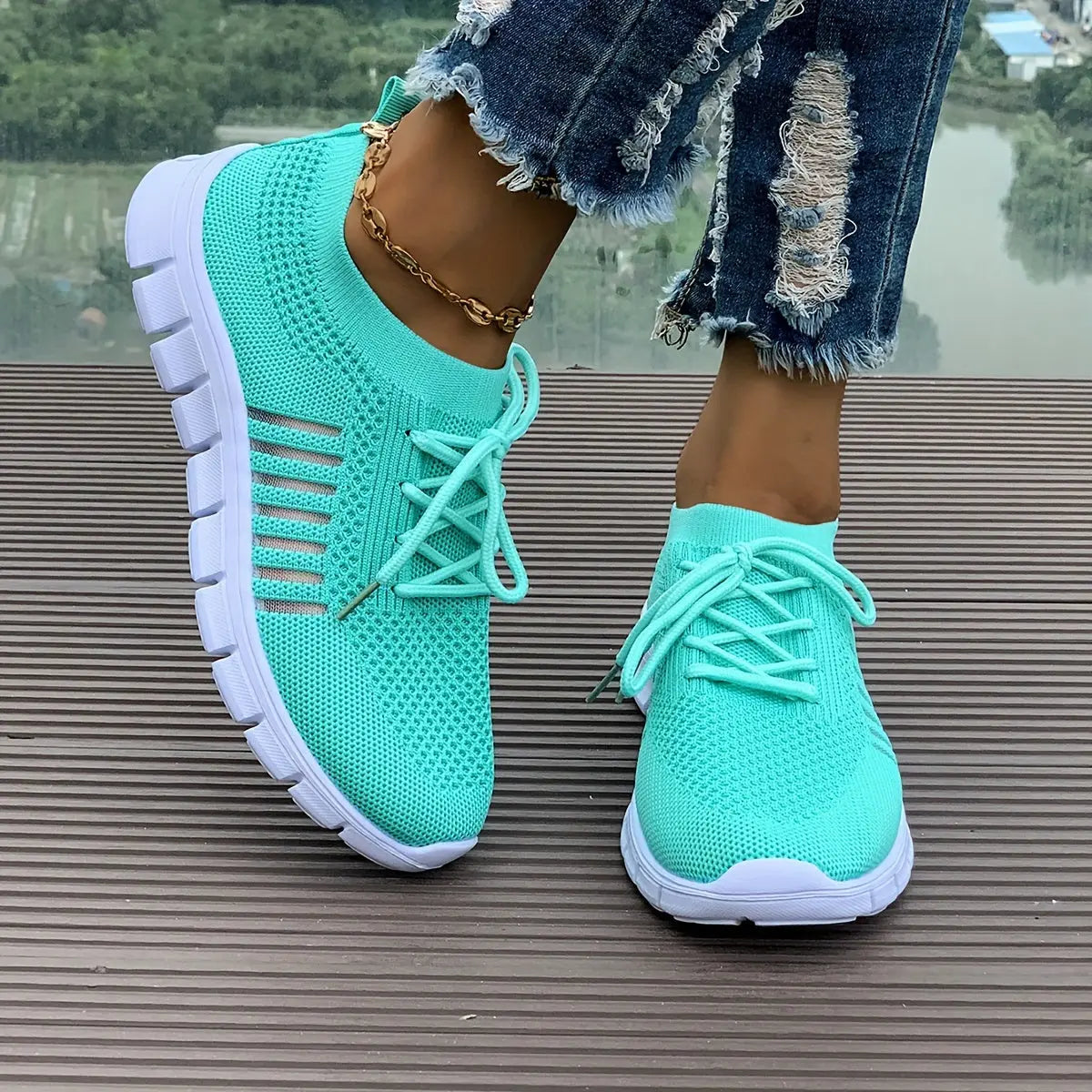 Women's Mesh Breathable Running Shoes, Solid Color Lace Up Front Summer Walking Shoes, Flying Woven Casual Sneakers Lady T Fashions