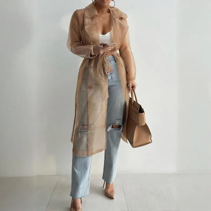 Women's Solid Color Half Sheer Long Sleeve Cardigan With Buttons & Belt - Lightweight Cover-Up For Summer Lady T Fashions