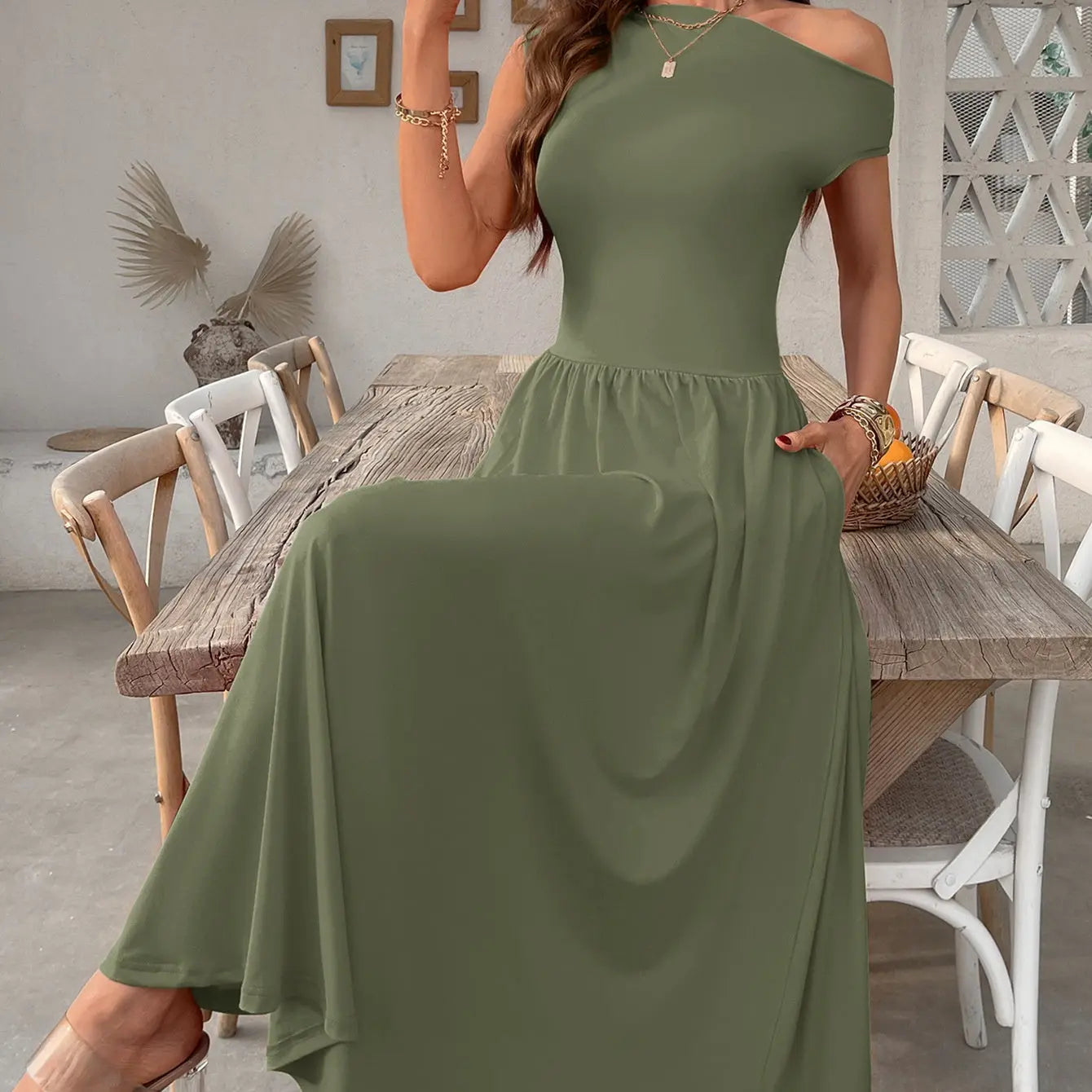 Slant Shoulder Sexy Waist Trimming Long With Pocket Dress Lady T Fashions