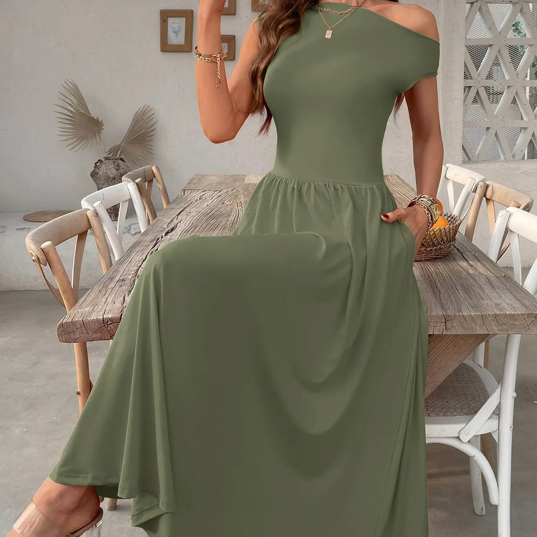 Slant Shoulder Sexy Waist Trimming Long With Pocket Dress Lady T Fashions
