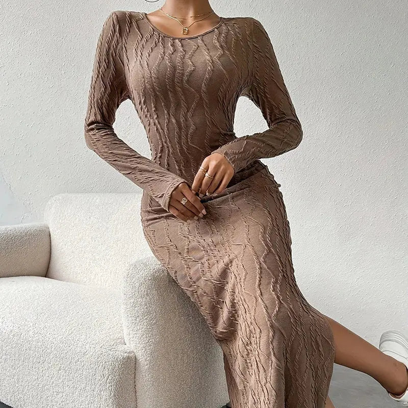 Women's Crew Neck Long Sleeve Ribbed Dress Side Slit Knit Bodycon Midi Dress Lady T Fashions