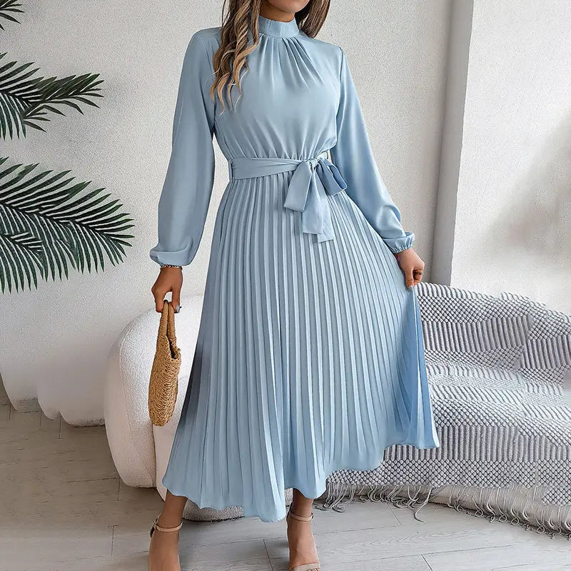 Elegant High Neck Long Sleeve Pleated Maxi Dress - Solid Color Flowy Dress For Women, Casual To Formal Wear Lady T Fashions