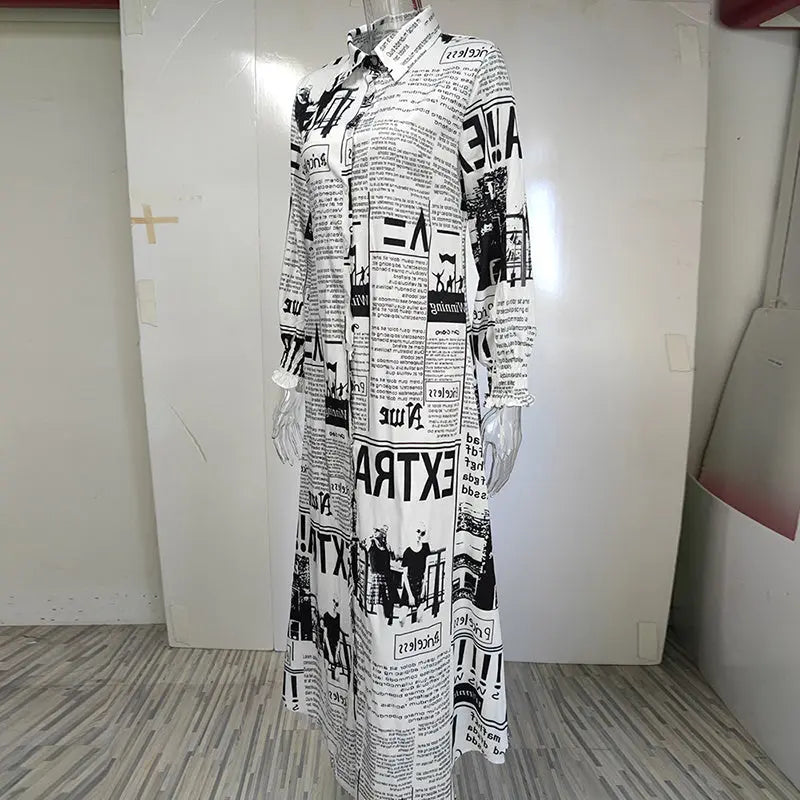 Women's Long Sleeve Newspaper Print Shirt Dress Button Down Casual Long Dress Lady T Fashions