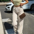 Women's Solid Color Wide Leg Pants With 4 Pockets - Button & Zip Front Casual Trousers For Spring&Fall Lady T Fashions