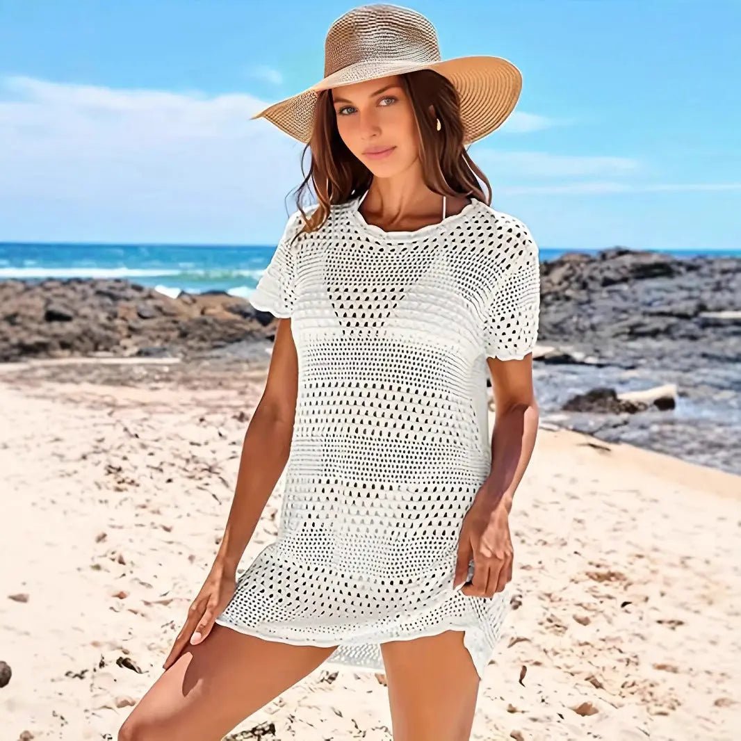 Knitted Short Sleeve Cutout Blouse Women's Swimming Vacation Lady T Fashions