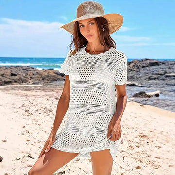 Knitted Short Sleeve Cutout Blouse Women's Swimming Vacation Lady T Fashions