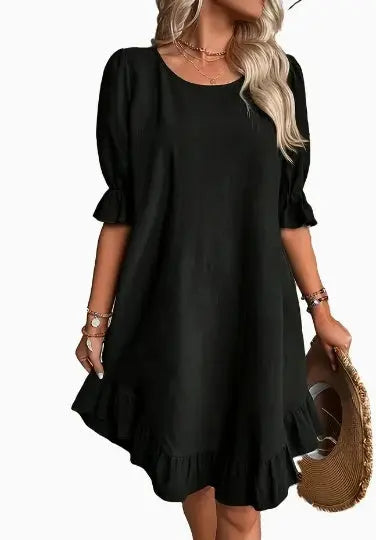 Solid Ruffle Hem Flounce Sleeve Dress Lady T Fashions