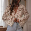 Women's Solid Color V-Neck Long Sleeve Blouse Floral Lace Embroidery Ruffled Neckline & Cuffs Drawstring Sleeves Button Front Semi-Sheer Elegant Summer Top Lady T Fashions
