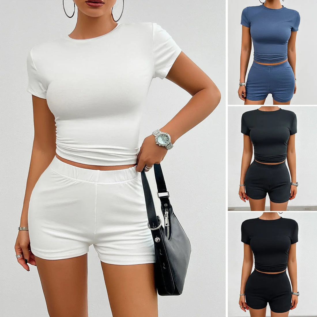 Solid Color Slim Sports Suit Summer 2Pcs Short-sleeved Round Neck T-shirt And Elastic Shorts Fashion Womens Clothing Lady T Fashions