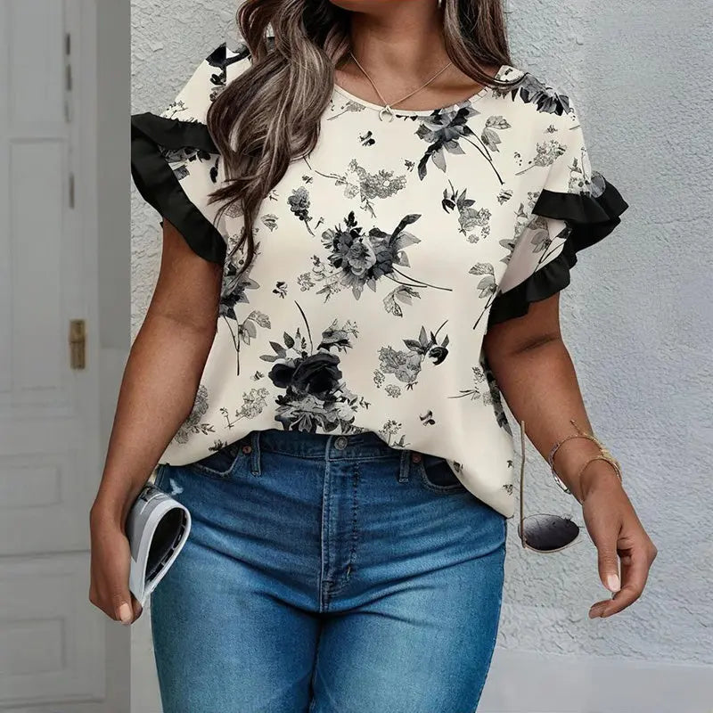 Womens Plus Size Round Neck Blouse - Floral Print Short Sleeve Top With Ruffle Sleeve Detail, Elegant Summer Shirt Lady T Fashions