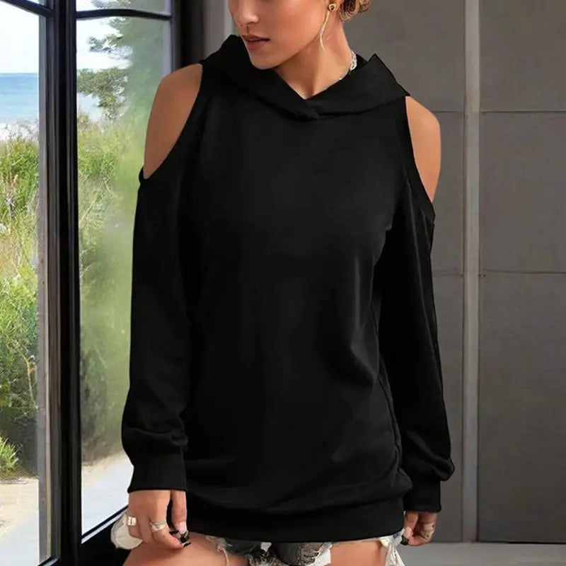 Women's Solid Color Long Sleeve Off-Shoulder Hoodie - Spring & Summer Fashion Casual Pullover Top Lady T Fashions