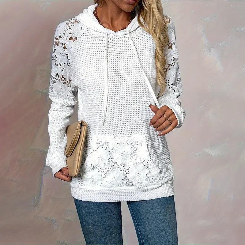 Women's Solid Color Casual Hooded Sweatshirt With Lace-Trimmed Sheer Sleeves & Large Lace Pockets, Pullover Hoodie Lady T Fashions