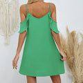Ladies' Summer New Solid Color Mushroom Edge Folded Sleeves Off Shoulder Thin Strap V-neck Detail Design Resort Beach Dress Lady T Fashions