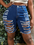 Plus Size High-Waisted Ripped Denim Shorts - Trendy Ripped Design, Flattering High-Waisted Fit, Artfully Distressed for a Fashionable Look, Delicate Frayed Hem Detail - Designed Specifically for Plus Size Women, Perfect for S Lady T Fashions