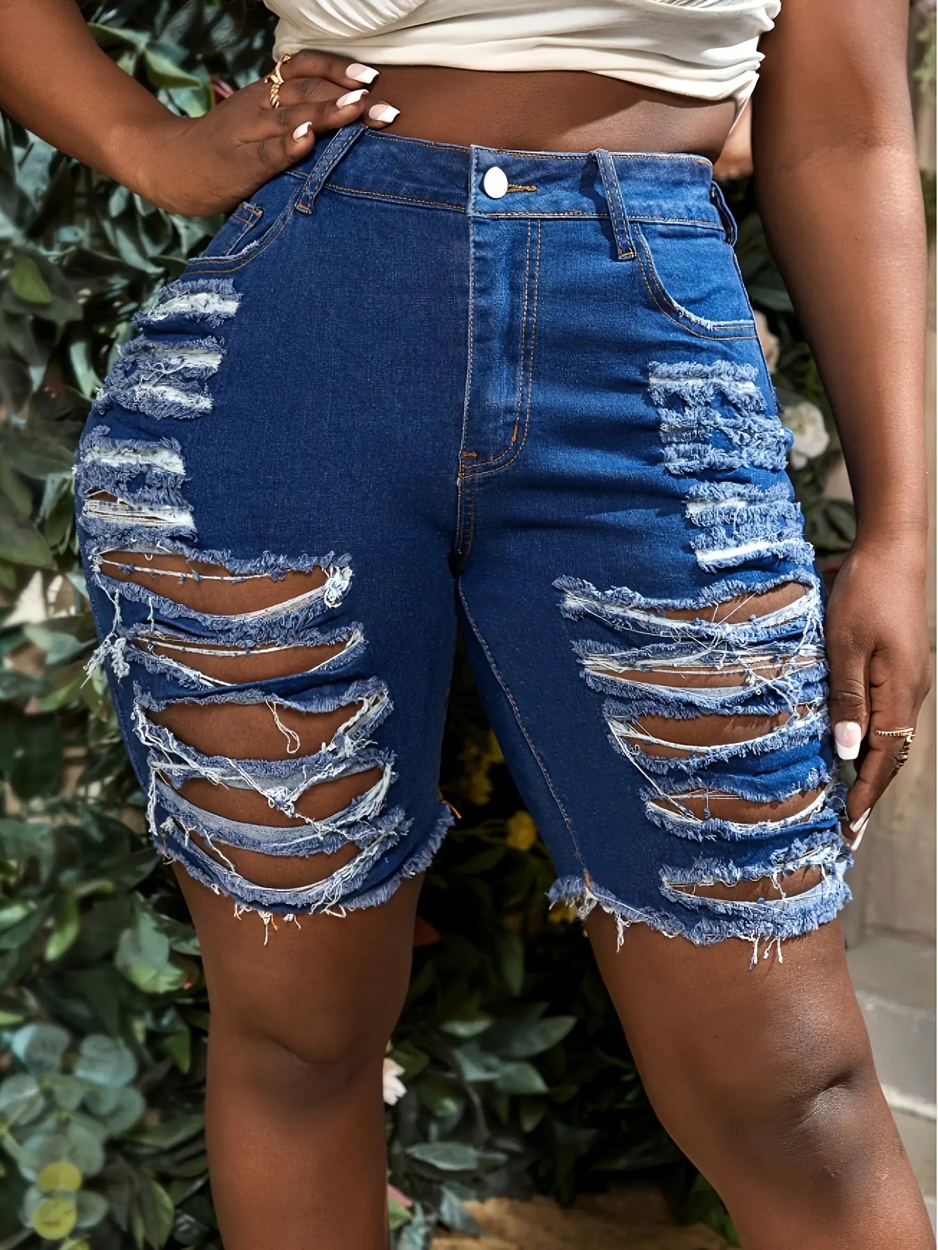 Plus Size High-Waisted Ripped Denim Shorts - Trendy Ripped Design, Flattering High-Waisted Fit, Artfully Distressed for a Fashionable Look, Delicate Frayed Hem Detail - Designed Specifically for Plus Size Women, Perfect for S Lady T Fashions