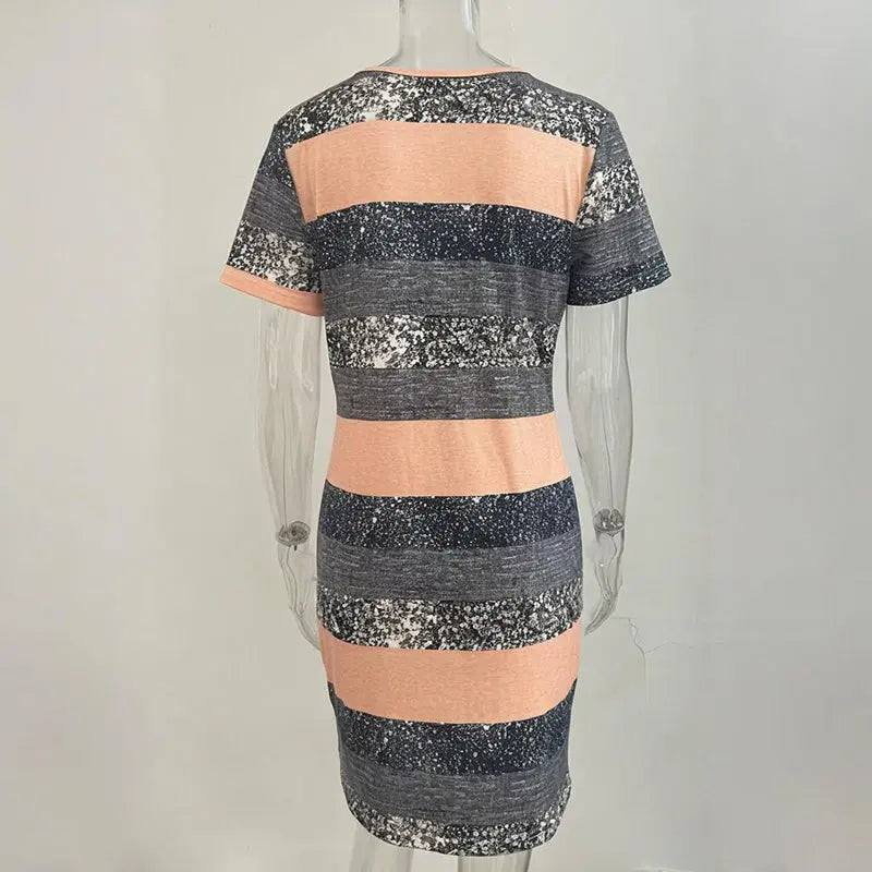Women's V-Neck Slim Fit Striped Short Sleeve Dress - Casual Summer Bodycon Mini Dress Lady T Fashions
