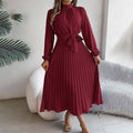 Elegant High Neck Long Sleeve Pleated Maxi Dress - Solid Color Flowy Dress For Women, Casual To Formal Wear Lady T Fashions