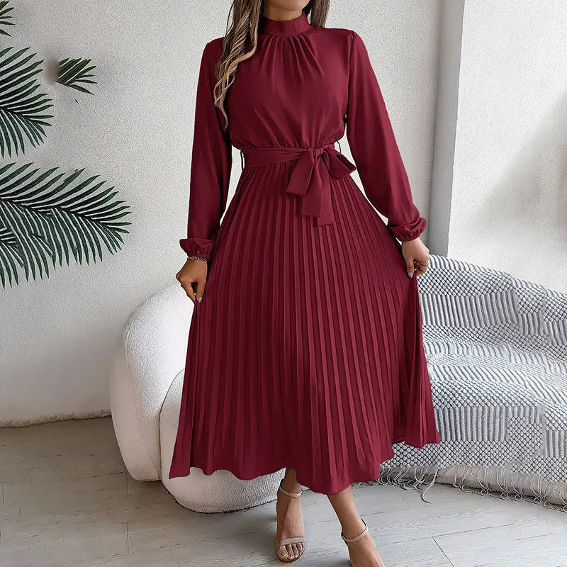 Elegant High Neck Long Sleeve Pleated Maxi Dress - Solid Color Flowy Dress For Women, Casual To Formal Wear Lady T Fashions