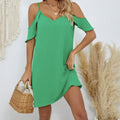 Ladies' Summer New Solid Color Mushroom Edge Folded Sleeves Off Shoulder Thin Strap V-neck Detail Design Resort Beach Dress Lady T Fashions