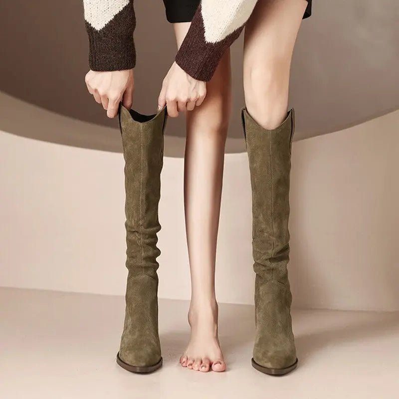 Women's Vintage Western Cowboy Boots - Knee-High Pull-On Boots with Chunky Heels, Western Booties for Women, Country Western Events & Everyday Outfits - Cowboy Accessories, Casual Wear, Lady T Fashions