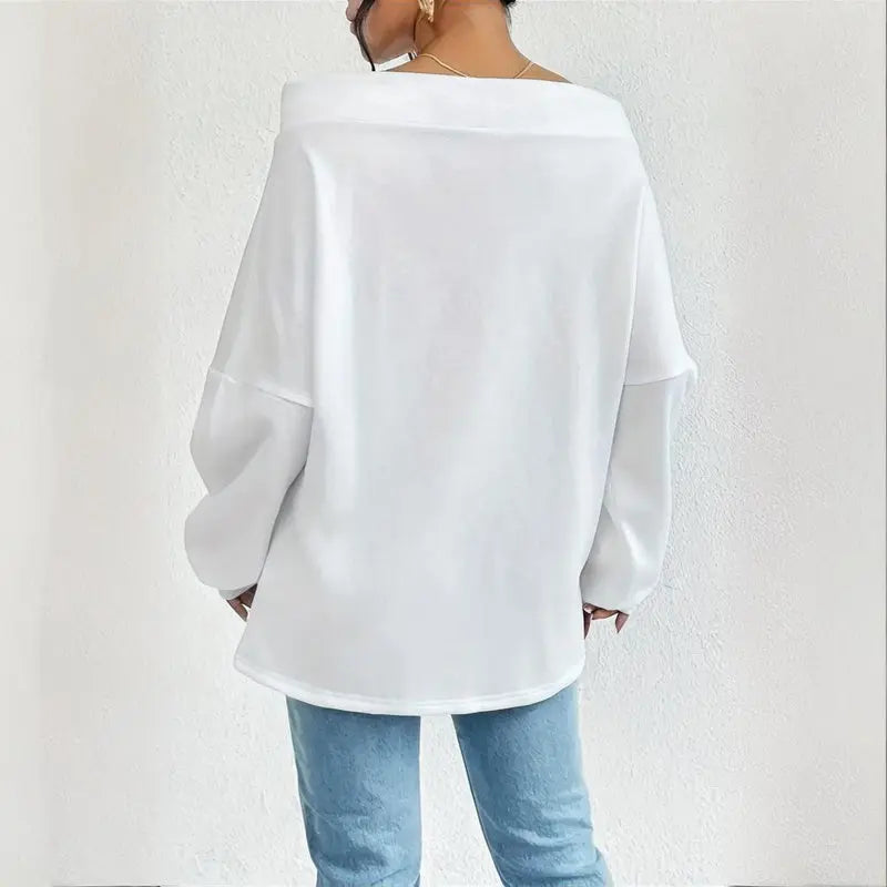 Plus Size Women's Solid Color Off-Shoulder Long Sleeve Pullover With Drawstring - Casual Ribbed Detail Top For Spring&Fall Lady T Fashions