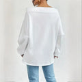 Plus Size Women's Solid Color Off-Shoulder Long Sleeve Pullover With Drawstring - Casual Ribbed Detail Top For Spring&Fall Lady T Fashions