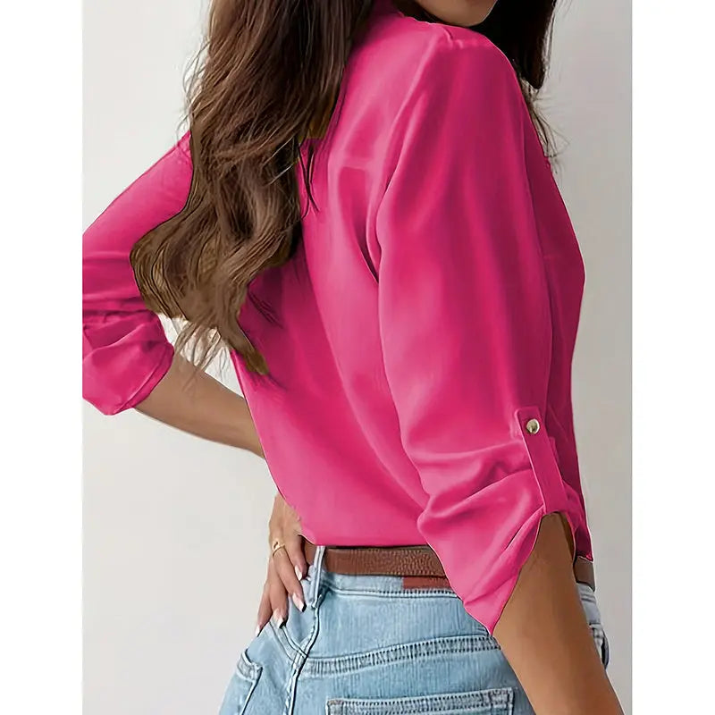 Womens Button Down Shirts V Neck Rolled Up Long Sleeve Tops Elegant Dressy Blouses Business Casual Outfits Lady T Fashions