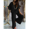 Women's 2 Piece Outfit, Casual Solid Color V-Neck Half Sleeve Top And Wide Leg Pants Lounge Set Lady T Fashions