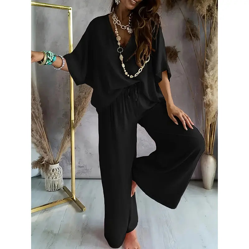 Women's 2 Piece Outfit, Casual Solid Color V-Neck Half Sleeve Top And Wide Leg Pants Lounge Set Lady T Fashions