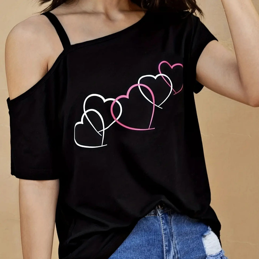 Ladies' Fashion Asymmetrical Neck Heart-shaped Printed Top Casual Pullover Slanted Shoulder Collar Shirt Lady T Fashions