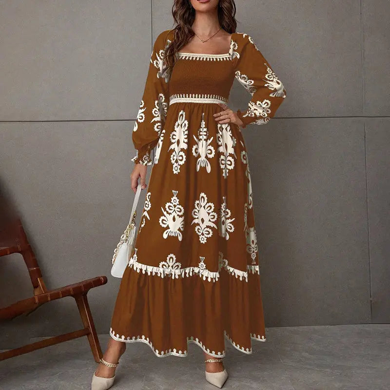 Elegant Women's Retro Geometric Print Lantern Sleeve Dress - Square Neck A-Line With Elastic Cuffs, Casual & Formal Dress Lady T Fashions