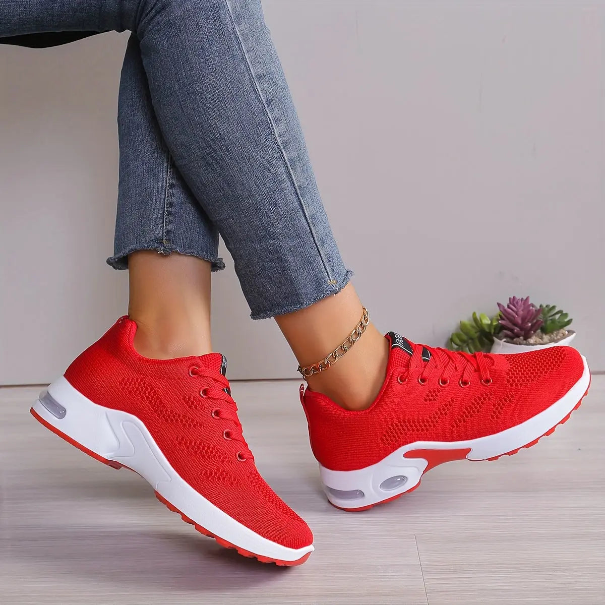 Plus Size Women's Comfortable Air Cushion Low Top Running Sneakers, Lace Up Knitted Outdoor Athletic Shoes Lady T Fashions