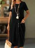 Women's Solid Color Button Front Short Sleeve Pocket Casual Dress Lady T Fashions
