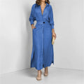 Women's Elegant Tied Solid Color Waisted Long-sleeved Shirt Dress Lady T Fashions