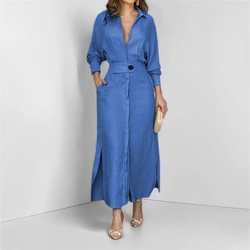 Women's Elegant Tied Solid Color Waisted Long-sleeved Shirt Dress Lady T Fashions