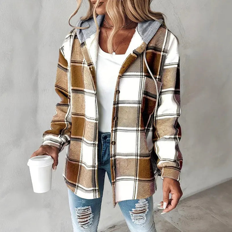 Women's Plaid Hoodie Long Sleeve Jacket Button Drawstring Casual Fall Shirts Shacket With Pocket Lady T Fashions