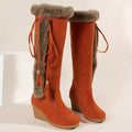 Women's Wedge Knee High Snow Boots, Plush Comfy Lace Up Round Toe Shoes, Winter Thermal Shoes Lady T Fashions