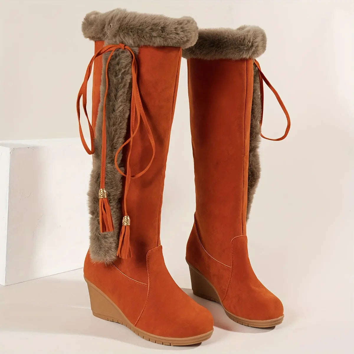 Women's Wedge Knee High Snow Boots, Plush Comfy Lace Up Round Toe Shoes, Winter Thermal Shoes Lady T Fashions