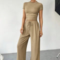 Women's Solid Color Short Sleeved T-shirt High Neck Top Loose Casual Pants Set Lady T Fashions
