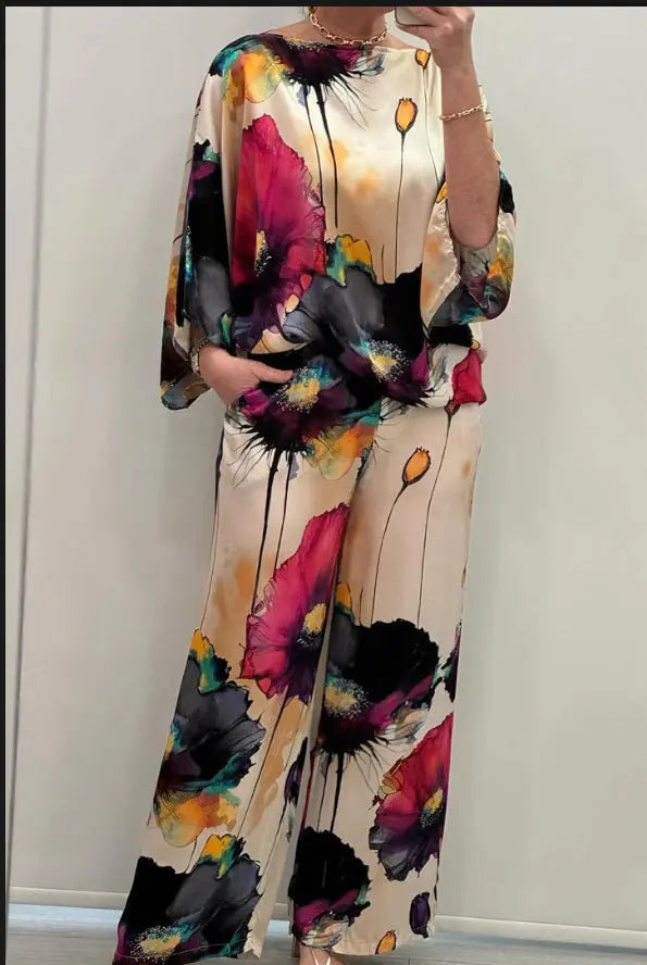Indian Casual Round Neck Printed Satin Suit Lady T Fashions