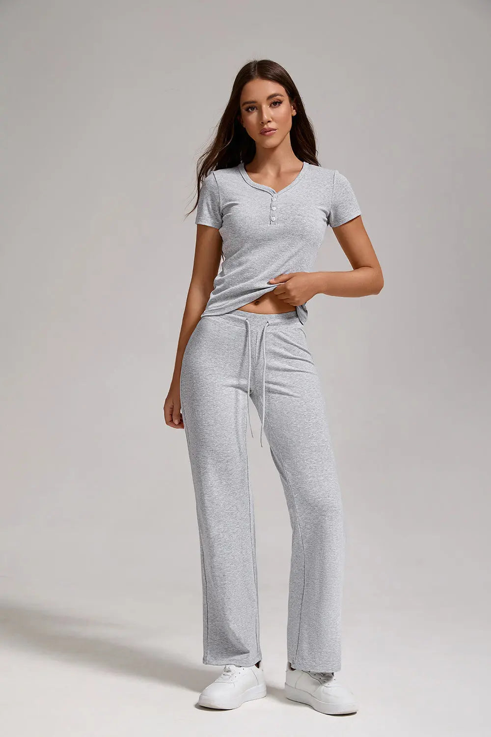 Women's Casual Sports Two-piece Set With V-neck Button, Short Sleeved, Low Waisted Flared Pants, Sportswear Lady T Fashions