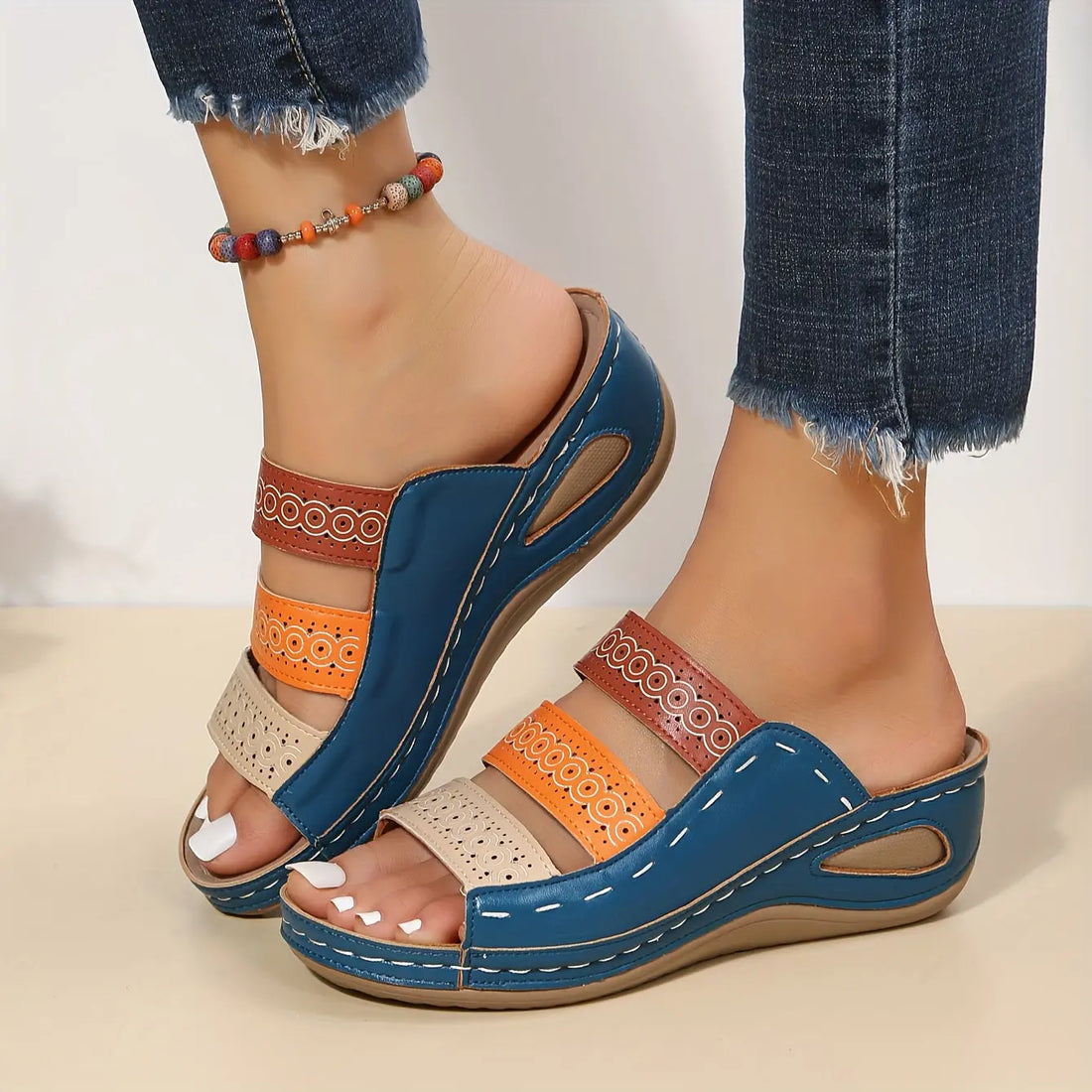Women's Colorblock Wedge Sandals, Open Toe Hollow Out Slip On Slides Shoes, Casual Outdoor Slides Lady T Fashions