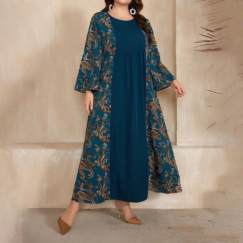 Women's Plus Size Bohemian Floral Printed Maxi Dress, Pleated Front Long Sleeve Crew Neck Loose Fit Lady T Fashions