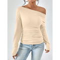Women's Off The Shoulder Tops Long Sleeve T Shirts Going Out Tops Casual Trendy Ruched Slim Fitted Tees Lady T Fashions