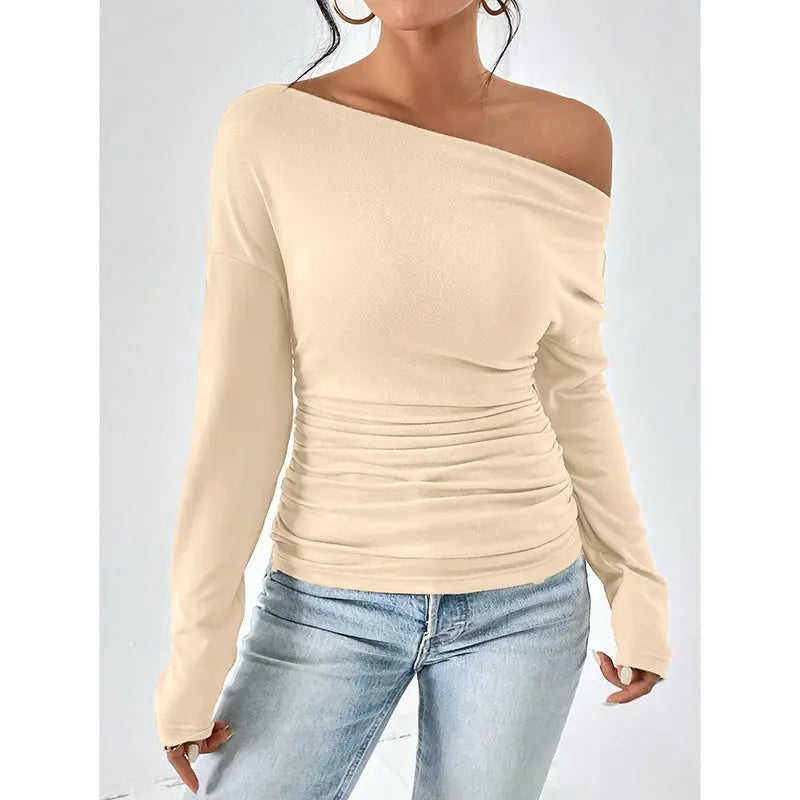 Women's Off The Shoulder Tops Long Sleeve T Shirts Going Out Tops Casual Trendy Ruched Slim Fitted Tees Lady T Fashions