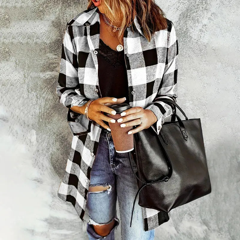 Women's Long Sleeve Plaid Print Button Front Casual Shirt For Spring & Fall Lady T Fashions