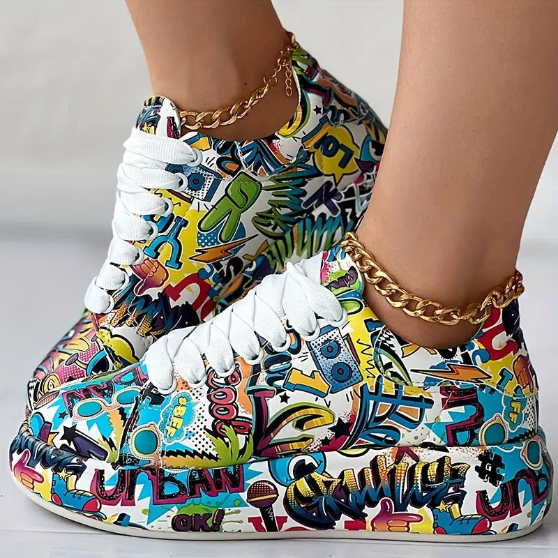 Womens Graffiti Art Sneakers - Stylish Lace-Up Platform Shoes with Comfortable Low Top Design - Perfect for Sports & Casual Wear - Fashionable Skate Style Lady T Fashions