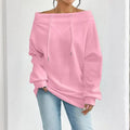 Plus Size Women's Solid Color Off-Shoulder Long Sleeve Pullover With Drawstring - Casual Ribbed Detail Top For Spring&Fall Lady T Fashions