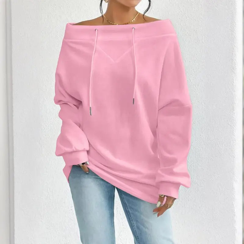 Plus Size Women's Solid Color Off-Shoulder Long Sleeve Pullover With Drawstring - Casual Ribbed Detail Top For Spring&Fall Lady T Fashions